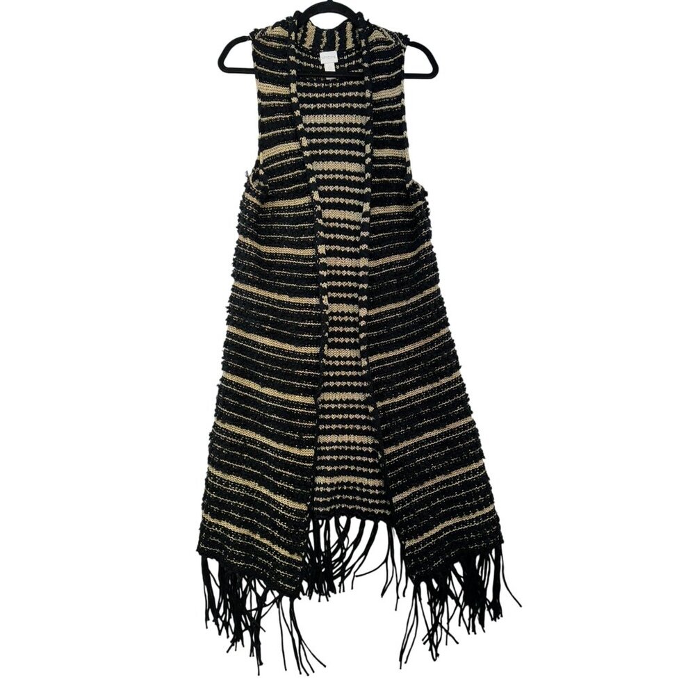 Chicos Womens Striped Fringe Vest Size 0 Black & Gold Wool Blend